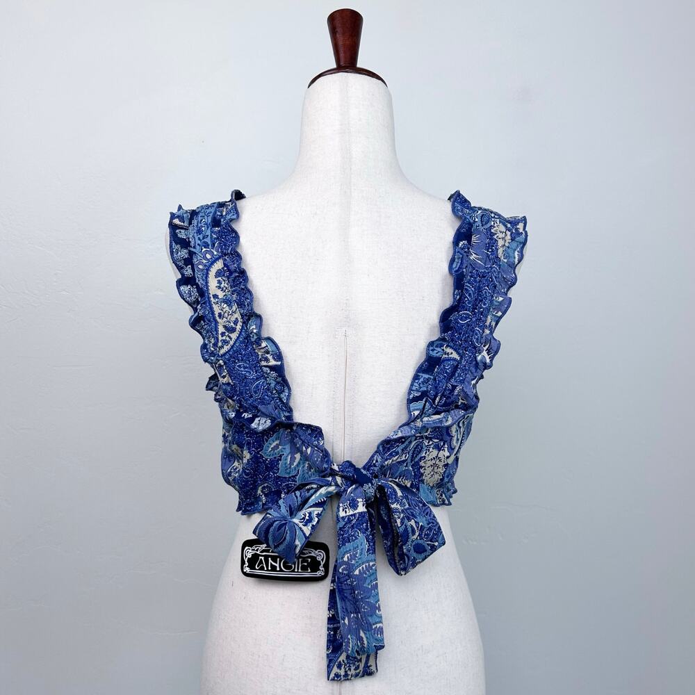 Angie LARGE Blue Bohemian '70s Patchwork Paisley Ruffle Sleeveless Crop Top NWT - Picture 3 of 6